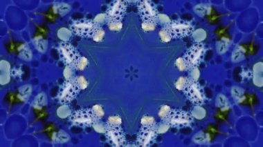Yaprak kaleydoskopu. Organik sıvı. Odaksız mavi beyaz boya çiçeği doğal sabun köpüğü süslemeli yağ damlası simetrik soyut arkaplan.