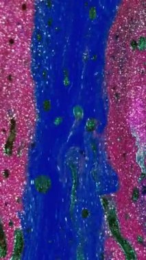 Islak sim damlası. Boya suyu dökülmüş. Pembe mavi renk metalik parçacıklar yağ akışı hareketi soyut sanat arkaplanı.