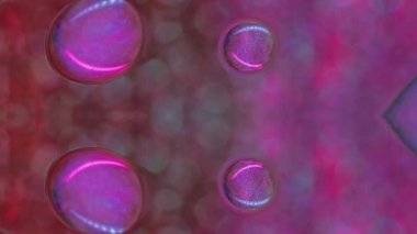 Parıldayan sıvı damlacıkları. Yağ kabarcıkları. Odaklanmamış neon mavisi açık renk boya suyu açık bokeh daireler dokusuna simetrik soyut sanat arka planına damlıyor..