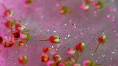 Parlayan çiçekler. Parıldayan boya. Odaklanmamış pembe gümüş rengi parlak gül tomurcukları ışıl ışıl pullarda yüzer sıvı bokeh soyut sanat arka planında.