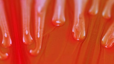 Mürekkep damlası. Parlayan sıvı damlası. Bulanık kırmızı turuncu renkli parlak parlak parlak jel desenli boya dalgalı soyut sanat arka planı.