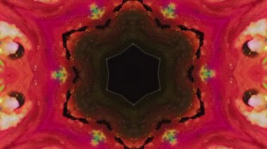 Lotus mandala. Mürekkep kaleydoskop. Bulanık parlak mercan, kırmızı, siyah, altın rengi, parlak, parlak, parlak, parlak, yıldız şekli, simetrik tasarım, soyut sanat arka planı..