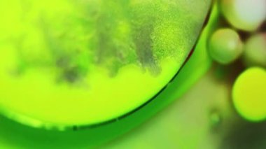 Boya baloncukları. Parlak yağ sıvısı. Bulanık neon yeşil beyaz renk parıldayan desen mürekkep damlası soyut sanat arkaplanı akışını ortaya çıkarıyor.