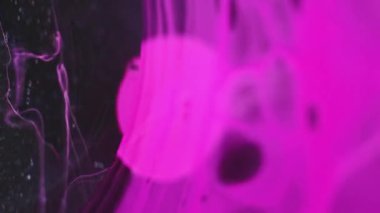 Mürekkep damlası su. Neon sisi. Boya sıçraması. Bulanık pembe renk buhar dokusu koyu siyah soyut sanat arka planında sıvı damla dalgası.