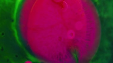 Mürekkep sıçraması. Yağ kabarcıkları. Neon dumanı. Bulanık pembe mavi renk akrilik boya karışım su damlacıkları soyut sanat arkaplanı dalgaları.