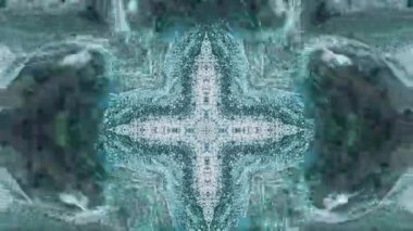 Buzlu kaleydoskop. Sıvı fraktal. Bulanık mavi, beyaz, parlak, parlak, parlak, yağ rengi simetrik geometrik tasarım, soyut sanat arkaplanı..