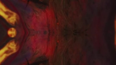 Renk dumanı. Parıltılı boya köpükleri. Esrarengiz gizem. Bulanık kırmızı altın mürekkep karışımı simetrik fraktal süs koyu soyut sanat arkaplan.