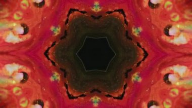 Lotus mandala. Mürekkep kaleydoskop. Bulanık parlak mercan, kırmızı, siyah, altın rengi, parlak, parlak, parlak, parlak, yıldız şekli, simetrik tasarım, soyut sanat arka planı..