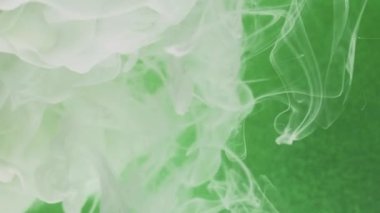 Boya fırıldağı. Duman akışı. Akışkan sanat. Beyaz bulut sisi yumuşak doku dinamik boya çözünmüş yeşil renk tahıl soyut arkaplan.