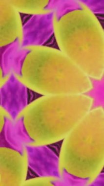 Dikey video. Neon mandala. Mürekkep kaleydoskop. Parlak, sarı, mor, mavi, parlak nilüfer çiçekli, soyut sanat arkaplanı..