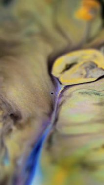 Dikey video. Parıldayan sıvı karışımı. Köpüklü boya. Odaklanmamış siyah beyaz altın rengi holografik parlak parçacıklar dokusu mürekkep pigmenti sızıntısı hareket soyut sanat arkaplanı.