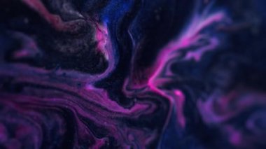 Parıldayan sıvı dökülmüş. Mürekkep karışımı. Odaklanmamış mavi siyah renk parıldayan desen sıvı akrilik emülsiyon dalgası hareket koyu soyut sanat arkaplan.