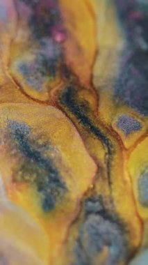 Dikey video. Parıldayan sıvı dökülmesi. Boya sıçraması. Odaklanmamış altın sarısı, mavi, pembe, parlak, parçacıklar, mürekkep, karıştırma, hareket, mermer, desen, soyut sanat arka planı..