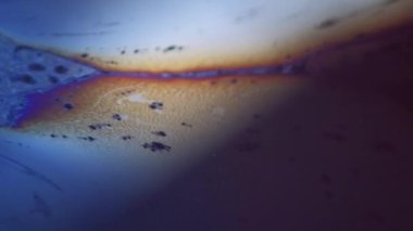 Boya damlası. Köpük sıvısı. Odaklanmamış mavi turuncu renkli köpüklü desen, koyu siyah ışık parlaması üzerinde sıvı dalgası, soyut sanat arkaplanı..