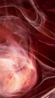 Dikey video. Renk dumanı. Boya suyu sıçraması. Odaklanmamış kırmızı buhar bulutu simli parçacıklar doku mürekkebi karışımı soyut sanat arkaplanı.