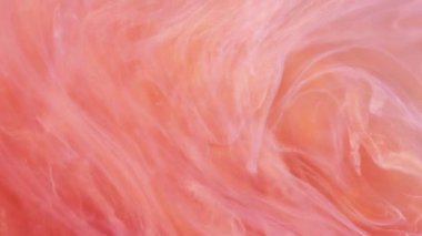 Boya su sıçratır. Buhar fırıldağı. Açık turuncu şeftali rengi kıvrımlı mürekkep bulutu soyut sanat arka planında hareket ediyor.