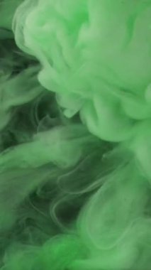 Dikey video. Parıltılı boya suyu. Duman bulutu. Odaklanmamış yeşil renkler ışıl ışıl parçacıklar. Siyah soyut sanat arka planında sis dalgası hareketi..