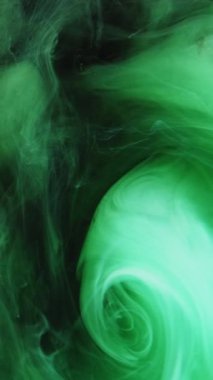 Dikey video. Pırıltılı sis. Mürekkep suyu. Parlak yeşil boya dokusu, siyah üzerine girdap hareketini, soyut sanat arka planını, mistik fındığı yayıyor..