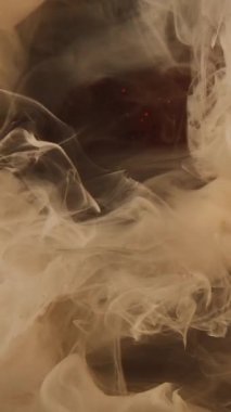 Dikey video. Haze hareketi. Buharlı arka plan. Mistik mürekkep sisi bej rengi kahverengi dalga soyut sanat eseri sihirli atmosfer dumanı altın rengi parlak parıltı akışı üzerinde.