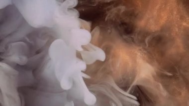 Parıldayan duman havada süzülüyor. Mürekkep suyu karışımı. Altın bronz, beyaz, ışıl ışıl parçacıklar, duman dalgası, soyut arkaplan..