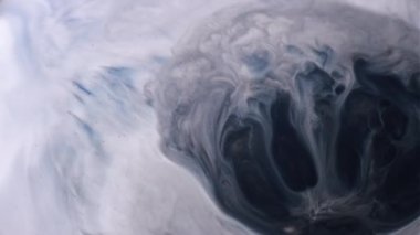 Pigment patlaması. Mürekkep lekesi. Gri mavi mermer akış patlaması soyut arka plan sıvı yüzeyi. Siyah pigment lekesi çözülmüş serpinti..