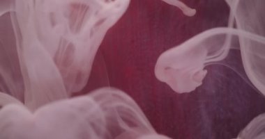 Akan su. Duman dokusu. Odaklanmamış beyaz kırmızı renk parlıyor sıvı damlalar soyut sanat ışığı arkaplanındaki sıvı buhar dalgası.