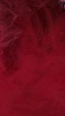 Dikey video. Mürekkep damlası. Buhar bulutu. Odaklanmamış kırmızı renk su altı tozu bulutu girdap dalgası parlak zebra desenli soyut sanat arkaplanı hareketini gösteriyor.