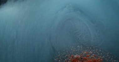 Girdabı boya. Yağ damlası akışı. Mavi gri mermer çözünmüş akarsu etrafında dönen turuncu bej mürekkep topları su soyut duman arka planında.