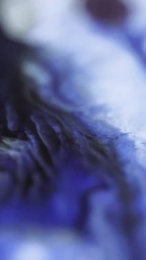 Dikey video. Görüntü sıçraması. Boya dalgası. Odaklanmamış mavi beyaz renkli sis dokusu sıvı akış hareketi soyut sanat arkaplanı.