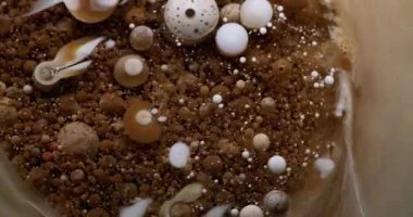 Baloncuk döküldü. Boya karışımı. Yağ rengi hipnoz yoluyla suda çözünür. Kahverengi bej beyaz pigment patlaması soyut sanat arkaplanı sıçratıyor.