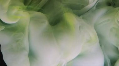 Patlama bulutu. Boya sıçraması. Yeşil sarı beyaz mürekkep rengi su damlası buharı koyu siyah soyut sanat arkaplanındaki yıldızı ortaya çıkarıyor..