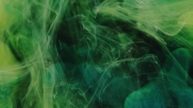 Gece sisi. Boya sıçraması. Yeşil sarı renkli mürekkep damlası duman bulutu koyu siyah soyut sanat arkaplanındaki yıldızı ortaya çıkarıyor.