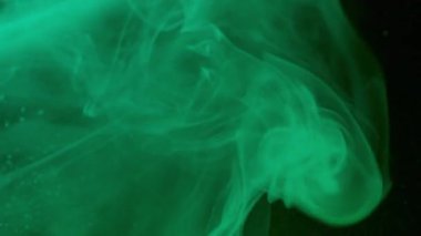 Renk buharı. Duman girdabı. Parlayan yeşil turkuaz peçe mürekkep spreyi çözülmüş karışım parıldayan kum yüzeyi soyut su karışımı.
