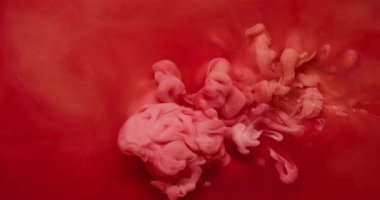 Boya damlası. Atmosferik duman. Odaklanmamış kırmızı, pembe renk buharı su buharı dalgası soyut sanat eserlerinin yaratıcı arka planında yüzüyor..