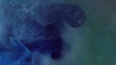 Sis suyu. Renkli mürekkep. Odaklanamayan koyu beyaz parıltı, parıldayan soyut sanat ışığı arka planında yüzen boya deseni sisi sıçratıyor.