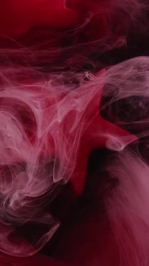 Dikey video. Gece sisi. Boya sıçraması. Pembe renkli mürekkep damlası duman bulutu koyu siyah soyut sanat arkaplanındaki yıldızı ortaya çıkarıyor.