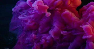 Bulut sıçraması. Buharı boya. Mor pembe dumanlı patlama sıvıyla karıştırılmış. Siyah soyut çözünmüş arkaplanda sualtı kimyasalı.