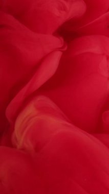 Dikey video. Duman sıçrıyor. Boya bulutu. Kırmızı renkli mürekkep suyu koyu siyah simli parçacıklar üzerine girdap deseni soyut sanat arkaplanı.