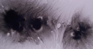 Grunge sıçraması. Boyayı yayıyorum. Siyah pigment ıslak çözünür. Beyaz sıvı kirli karışım üzerine sanat damlası soyut arkaplan çözünürlüğü.