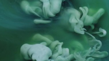 Duman yayıyorum. Akrilik boya. Su karışımında bulanık yeşil renkli bulut kıvrımlı sıvı ıslak buhar yaratıcı siyah arka planda yüzüyor..