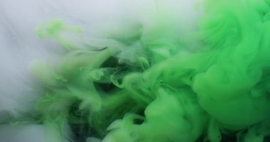 Sihirli duman. Boya karışımı. Yeşil beyaz girdaplı gizemli dere. Renk pigmenti çözünen sanat soyut siyah arkaplan yüzen dalga çözünürlüğü.