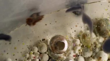 Pırıl pırıl. Kabarcık boyası. Işıldayan gümüş akışı boya köpüklü yağ damlalarını karıştırıyor. Soyut parçacıklar çözünmüş su arkaplanı.