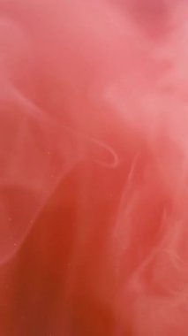 Dikey video. Muazzam bir sis. Duman bulutu. Odaklanmamış parlak mercan pembesi boya mürekkebi akışı girdabı soyut sanat arka planında ilerliyor.