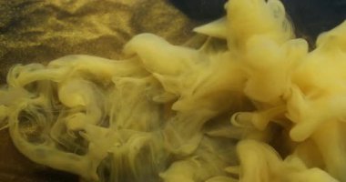 Duman akıntısı. Boyayla boyanmış. Sarı sıvı boya akışı. Sanat buhar dalgası soyut bulanık, siyah altın parıltılı arkaplan.