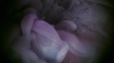 Buhar karışımı. Parıldayan sis. Parlak sisli emülsiyon bulanık siyah arkaplanda renk pigmentini karıştırıyor. Mor gri soyut kirli akış.