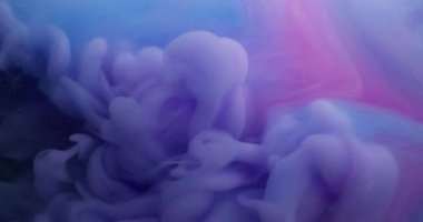 Boya karışımı. Mürekkep suyu. Soyut sanat arka planında çözünmüş mor mavi renkli kıvrımlı akrilik duman sıvısı buhar akışı.