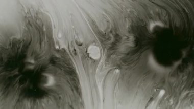 Damlayan mürekkep. Boyayı yayıyorum. Siyah pigment ıslak çözünür. Beyaz sıvı kirli karışım üzerine sanat damlası soyut arkaplan çözünürlüğü.