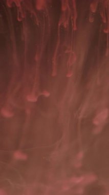 Dikey video. Düşen boya damlası. Bulanık sis mürekkebi. Odaklanmamış pembe renk parlak sıvı akışı sıvı sıvı duman dokusu dalgası soyut sanat koyu arkaplan üzerinde.