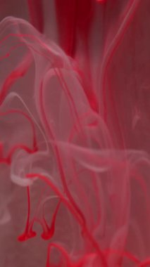 Dikey video. Mürekkep ıslak etkisi. Bulanık boya damlıyor. Odaklanmamış beyaz parlak sıvı, soyut sanat ışığı arka planında bulut buharı dokusu dalgası bırakıyor.