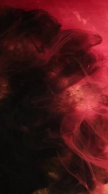 Dikey video. Renk patlaması. Parlak boya patlaması. Odaklanmamış kırmızı, koyu renk, parıldayan, sıçrayan mürekkep lekesi, altın soyut sanat ışığı arka planında yüzen..